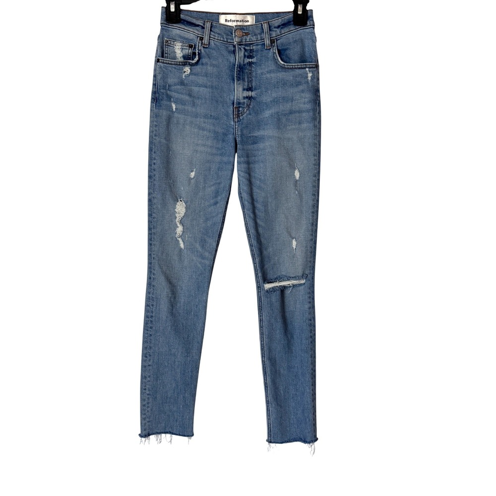 Reformation Jeans High & Skinny Women 24 Blue Distressed Stretch Raw Hem